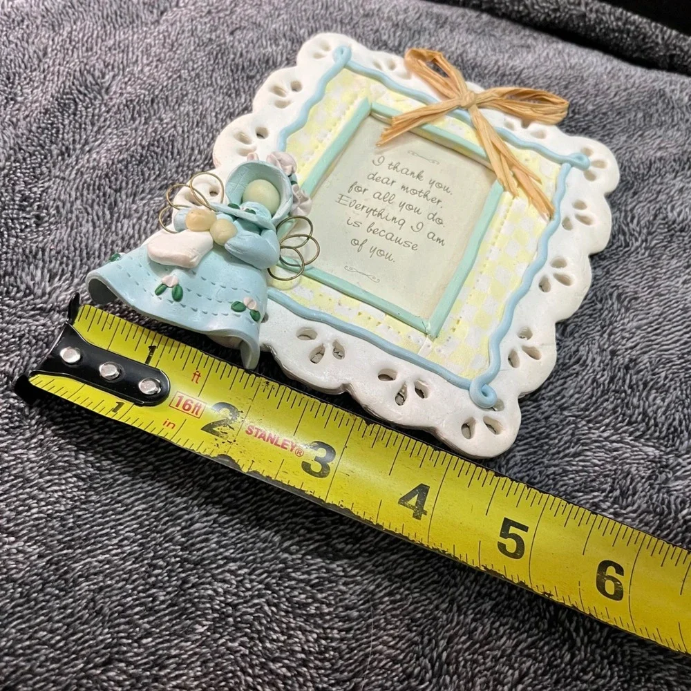 Vintage Mother Angel Picture Frame Blue Yellow Gingham Scalloped Cottagecore